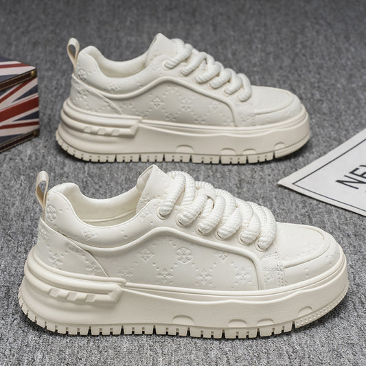 Trendy Embossed Low - Top Sneakers - Chunky Heel & Textured Upper