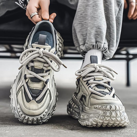 Men's Vintage Distressed Chunky Sole Sneakers - Retro Mechanical Streetwear Athletic Shoes