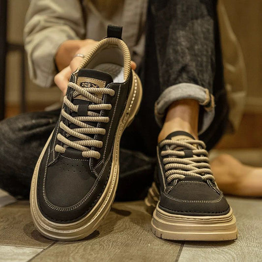 Men's Retro Chunky Sole Casual Shoes - Khaki & Black Suede-Like Workwear Sneakers