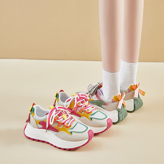 Women’s Vibrant Patchwork Sneakers - Chunky Heel & Retro Flair