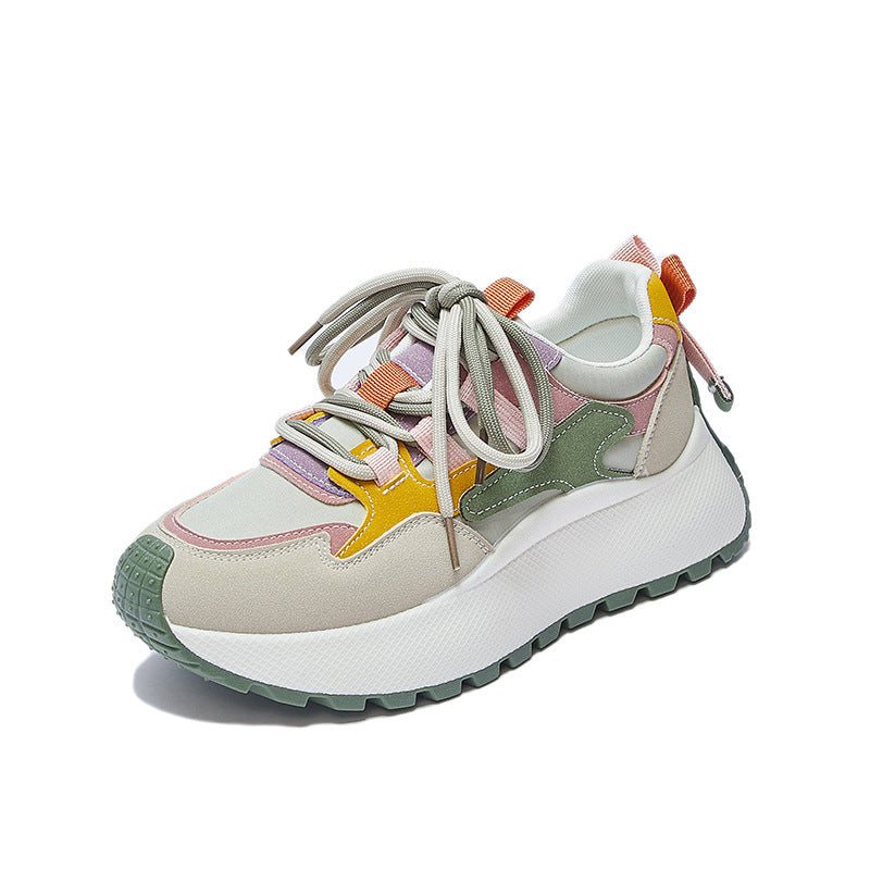 Women’s Vibrant Patchwork Sneakers - Chunky Heel & Retro Flair