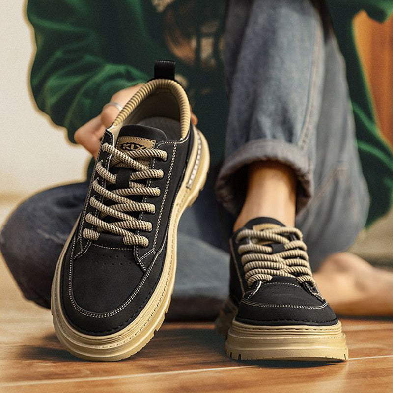 Men's Retro Chunky Sole Casual Shoes - Khaki & Black Suede-Like Workwear Sneakers