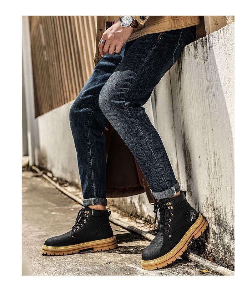 Men's High-Top Work Boots - Chunky Sole Vintage Leather Ankle Boots