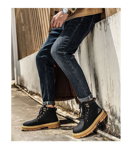 Men's High-Top Work Boots - Chunky Sole Vintage Leather Ankle Boots