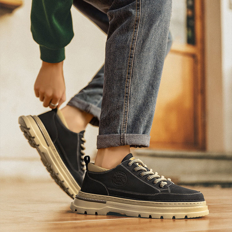 Men's Retro Chunky Sole Casual Shoes - Khaki & Black Suede-Like Workwear Sneakers
