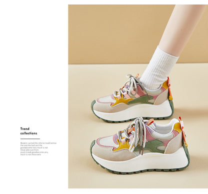 Women’s Vibrant Patchwork Sneakers - Chunky Heel & Retro Flair