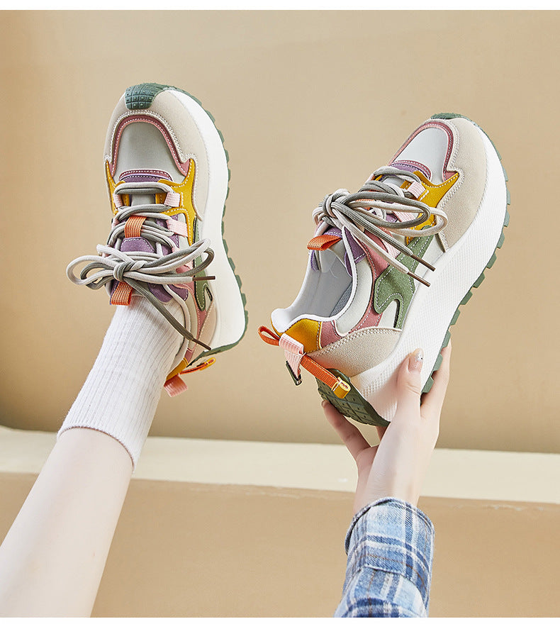 Women’s Vibrant Patchwork Sneakers - Chunky Heel & Retro Flair