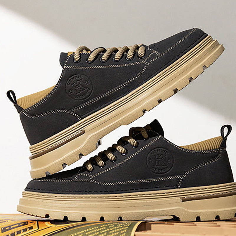 Men's Retro Chunky Sole Casual Shoes - Khaki & Black Suede-Like Workwear Sneakers
