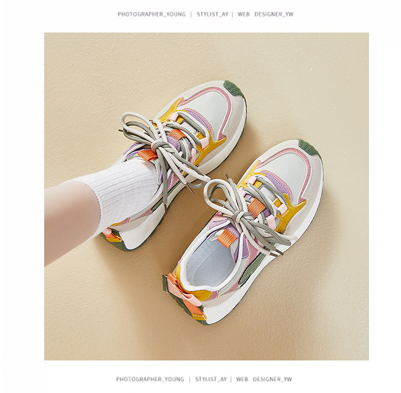 Women’s Vibrant Patchwork Sneakers - Chunky Heel & Retro Flair