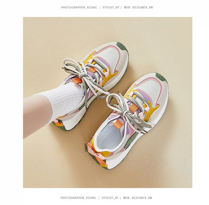 Women’s Vibrant Patchwork Sneakers - Chunky Heel & Retro Flair