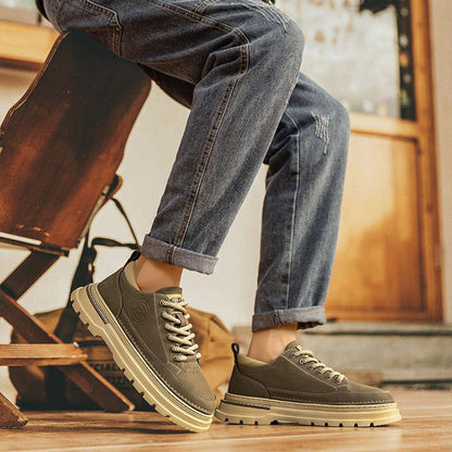 Men's Retro Chunky Sole Casual Shoes - Khaki & Black Suede-Like Workwear Sneakers
