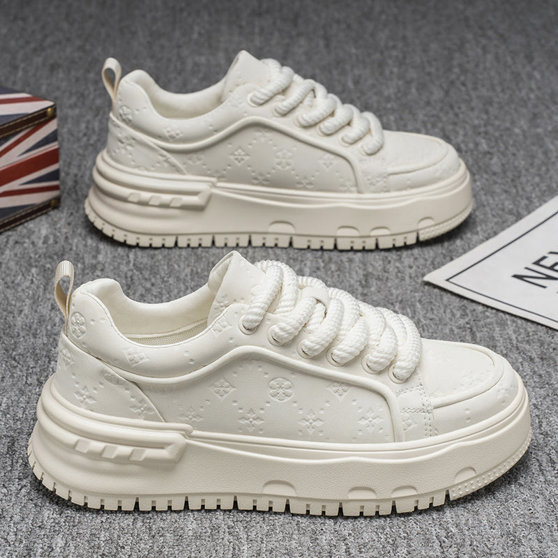 Trendy Embossed Low - Top Sneakers - Chunky Heel & Textured Upper