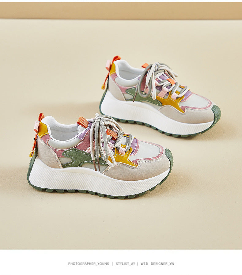 Women’s Vibrant Patchwork Sneakers - Chunky Heel & Retro Flair