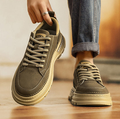 Men's Retro Chunky Sole Casual Shoes - Khaki & Black Suede-Like Workwear Sneakers