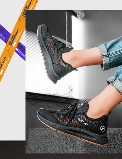 Men's Breathable Mesh Sneakers - Jueyuan 1987 Casual Athletic Shoes (Black & Beige)