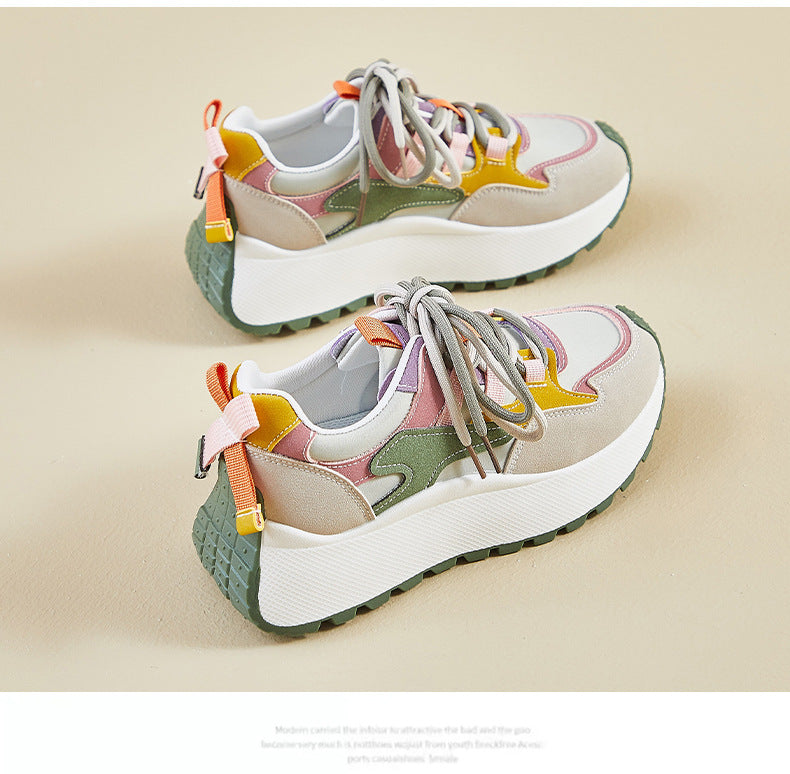 Women’s Vibrant Patchwork Sneakers - Chunky Heel & Retro Flair