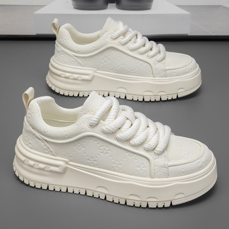 Trendy Embossed Low - Top Sneakers - Chunky Heel & Textured Upper