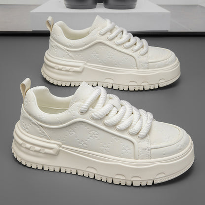 Trendy Embossed Low - Top Sneakers - Chunky Heel & Textured Upper