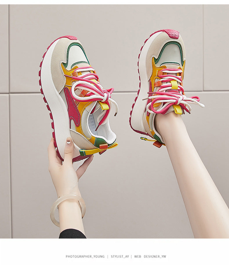 Women’s Vibrant Patchwork Sneakers - Chunky Heel & Retro Flair