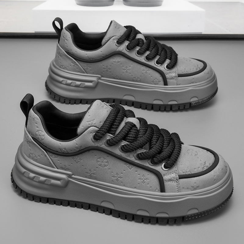 Trendy Embossed Low - Top Sneakers - Chunky Heel & Textured Upper