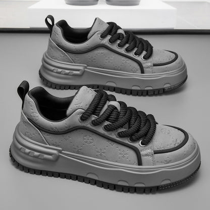 Trendy Embossed Low - Top Sneakers - Chunky Heel & Textured Upper