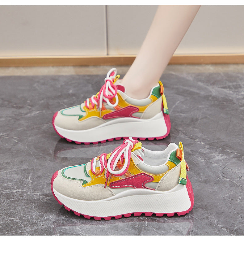Women’s Vibrant Patchwork Sneakers - Chunky Heel & Retro Flair