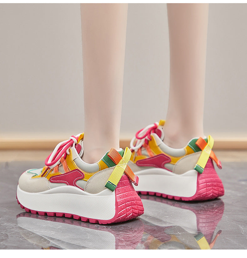 Women’s Vibrant Patchwork Sneakers - Chunky Heel & Retro Flair