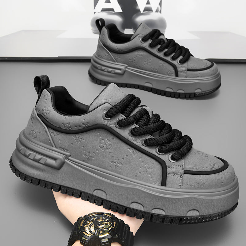 Trendy Embossed Low - Top Sneakers - Chunky Heel & Textured Upper