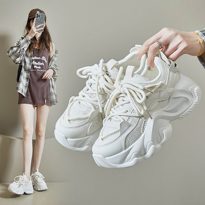 All - Black White Chunky Dad Sneakers - Mesh & Leather Platform Shoes