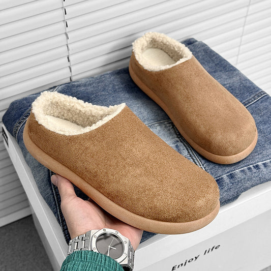 Men's Fleece-Lined Slippers - Suede-Like Warm Indoor Shoes (Brown & Black)