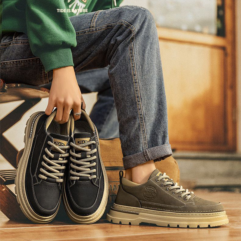 Men's Retro Chunky Sole Casual Shoes - Khaki & Black Suede-Like Workwear Sneakers