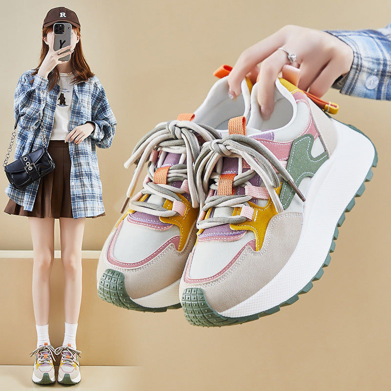 Women’s Vibrant Patchwork Sneakers - Chunky Heel & Retro Flair