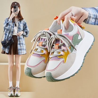 Women’s Vibrant Patchwork Sneakers - Chunky Heel & Retro Flair