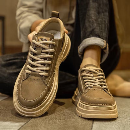 Men's Retro Chunky Sole Casual Shoes - Khaki & Black Suede-Like Workwear Sneakers