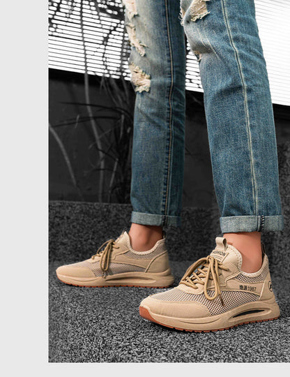 Men's Breathable Mesh Sneakers - Jueyuan 1987 Casual Athletic Shoes (Black & Beige)