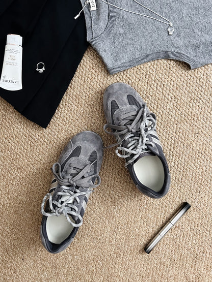Women's Retro Suede Mesh Sneakers - Gray Casual Athletic Shoes with Silver Accents