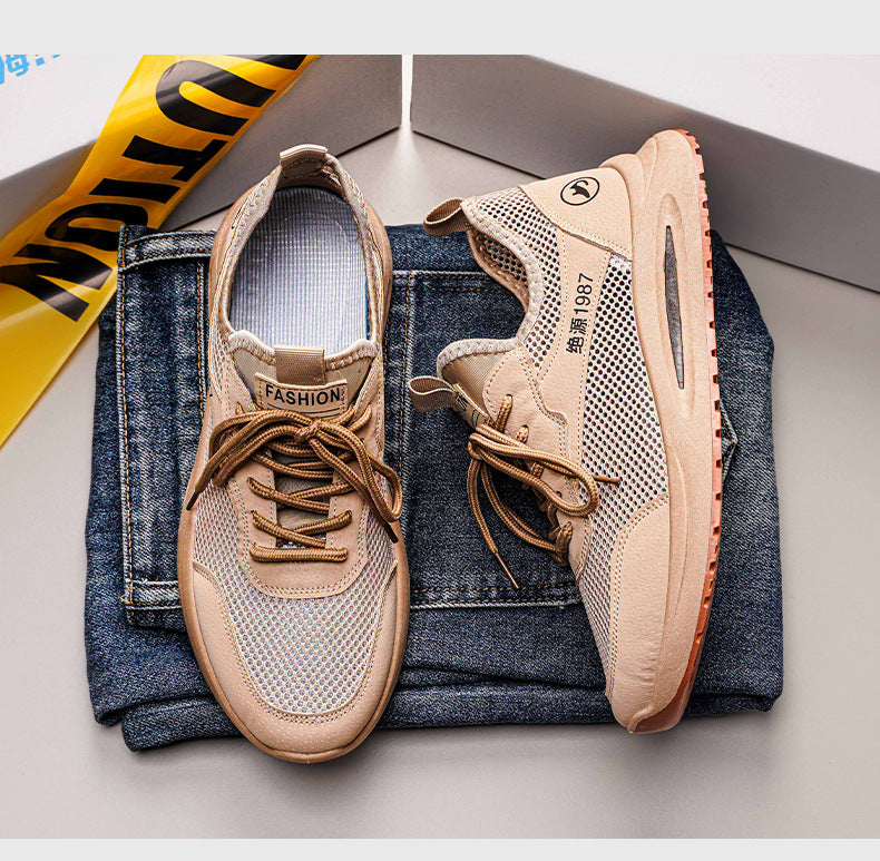 Men's Breathable Mesh Sneakers - Jueyuan 1987 Casual Athletic Shoes (Black & Beige)