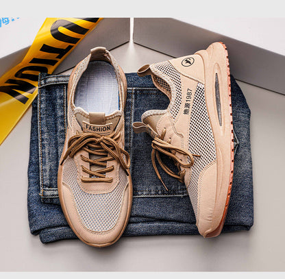 Men's Breathable Mesh Sneakers - Jueyuan 1987 Casual Athletic Shoes (Black & Beige)
