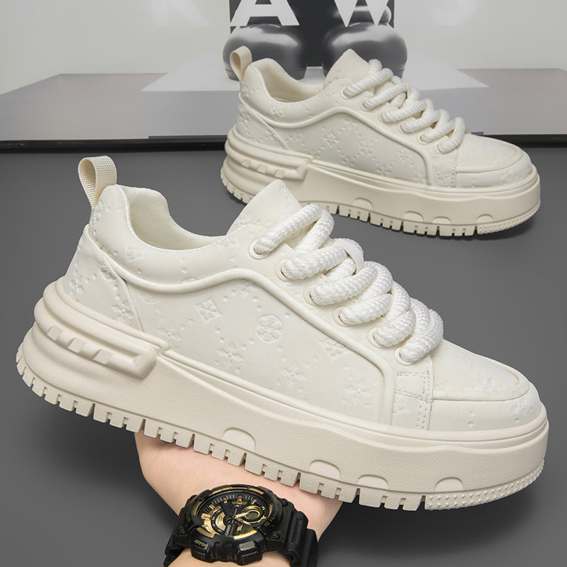 Trendy Embossed Low - Top Sneakers - Chunky Heel & Textured Upper