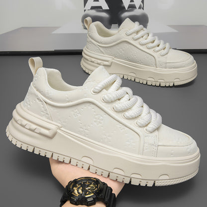 Trendy Embossed Low - Top Sneakers - Chunky Heel & Textured Upper