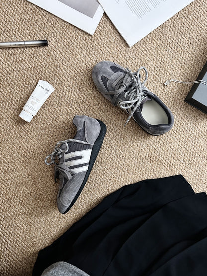 Women's Retro Suede Mesh Sneakers - Gray Casual Athletic Shoes with Silver Accents