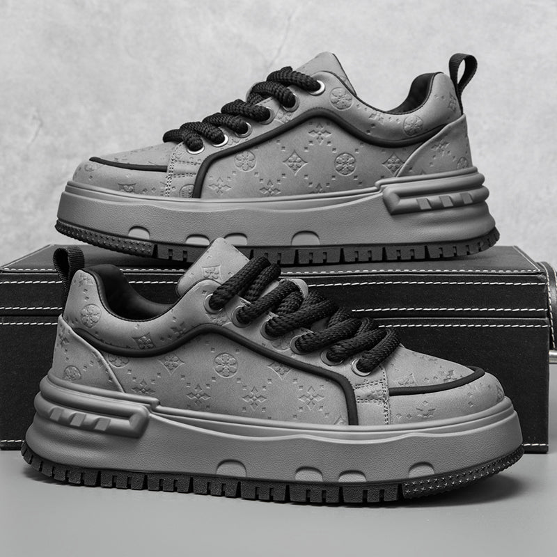 Trendy Embossed Low - Top Sneakers - Chunky Heel & Textured Upper