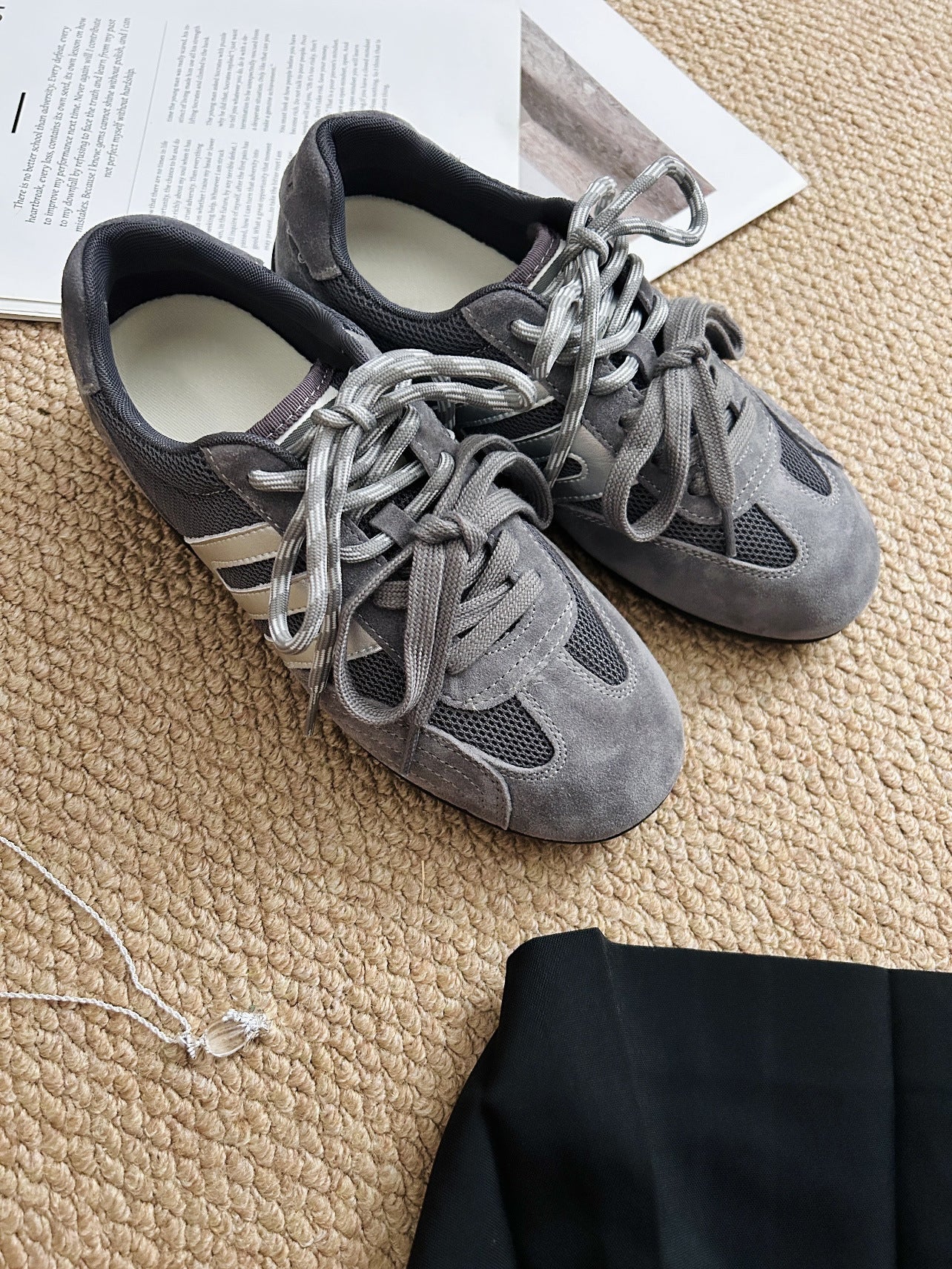 Women's Retro Suede Mesh Sneakers - Gray Casual Athletic Shoes with Silver Accents