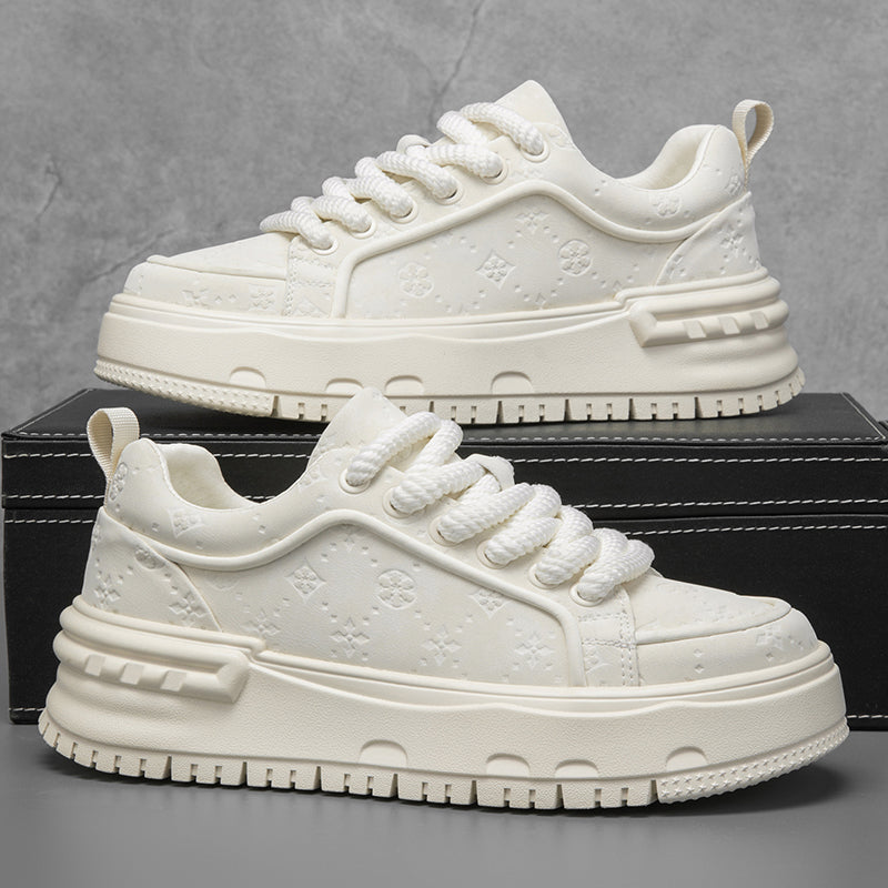 Trendy Embossed Low - Top Sneakers - Chunky Heel & Textured Upper