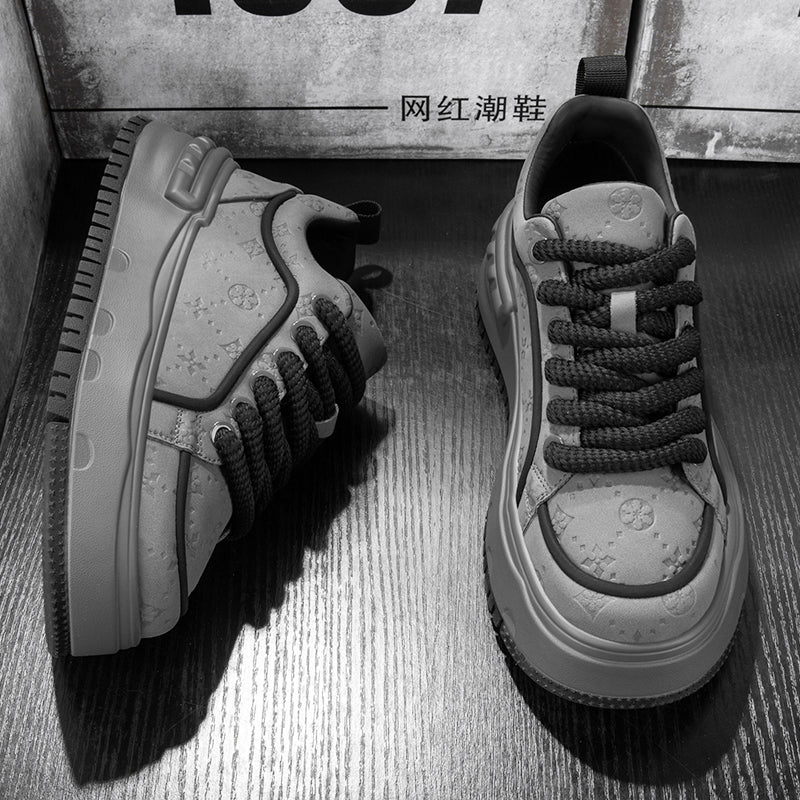 Trendy Embossed Low - Top Sneakers - Chunky Heel & Textured Upper