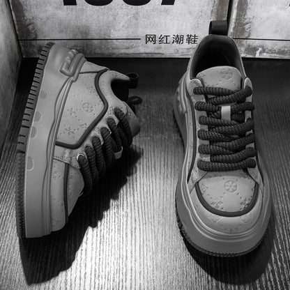 Trendy Embossed Low - Top Sneakers - Chunky Heel & Textured Upper