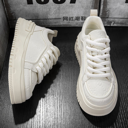 Trendy Embossed Low - Top Sneakers - Chunky Heel & Textured Upper