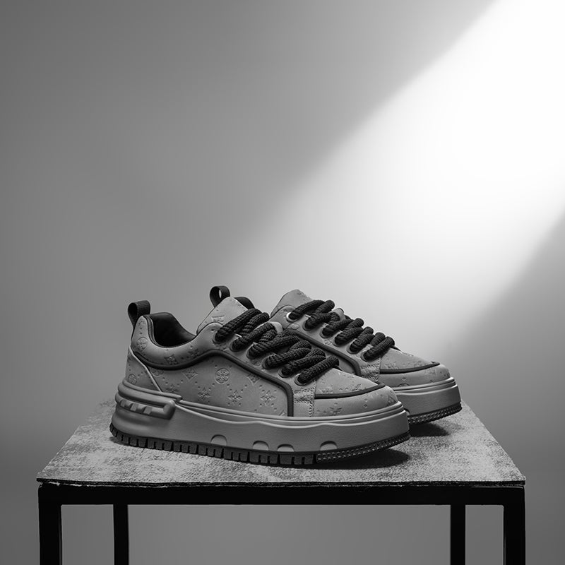 Trendy Embossed Low - Top Sneakers - Chunky Heel & Textured Upper