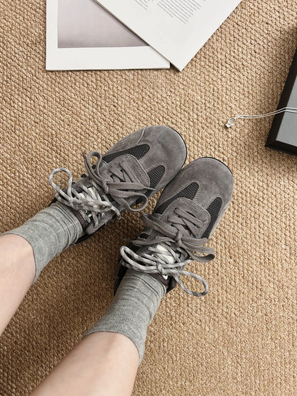 Women's Retro Suede Mesh Sneakers - Gray Casual Athletic Shoes with Silver Accents