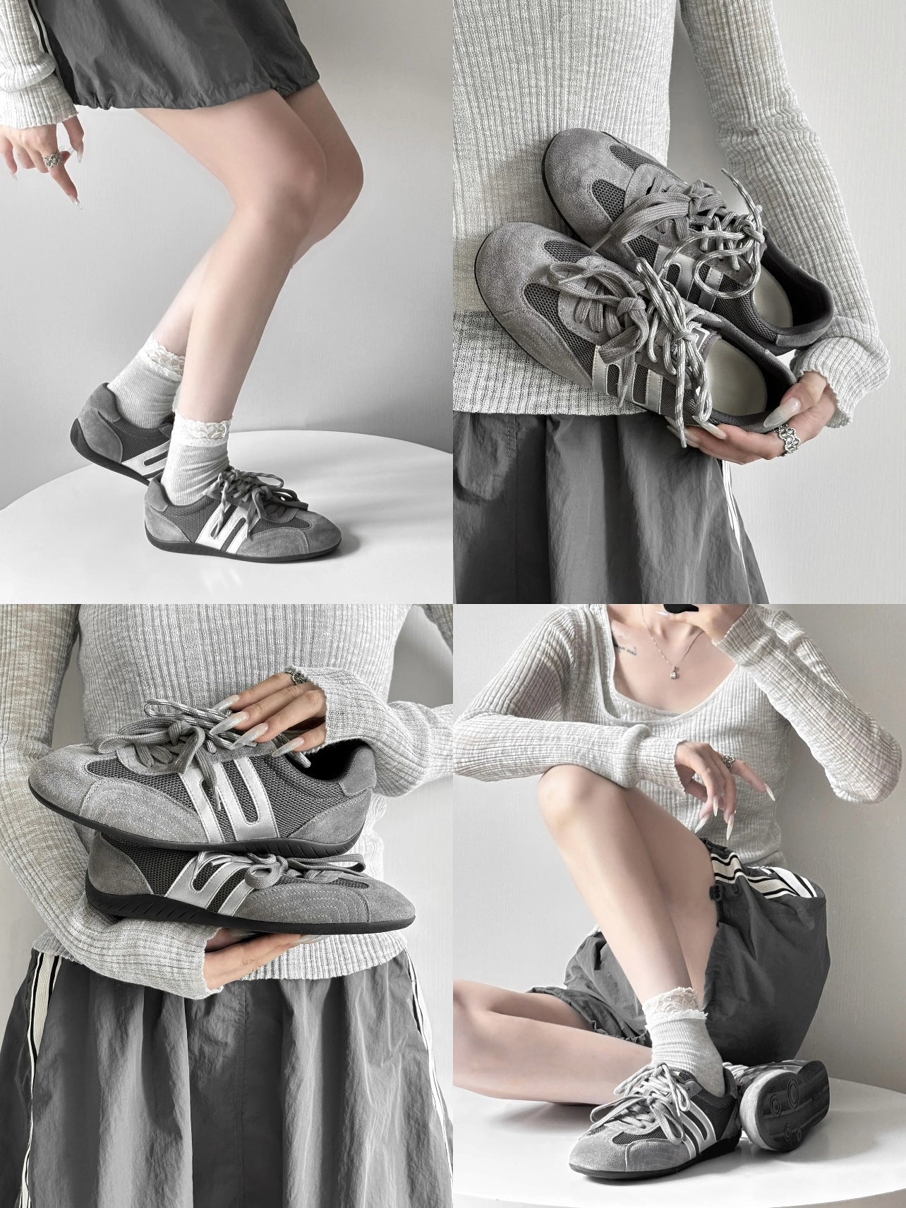 Women's Retro Suede Mesh Sneakers - Gray Casual Athletic Shoes with Silver Accents